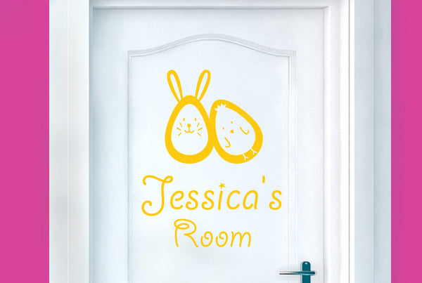 Personalised Bunny Rabbit Egg And Chick Kids Door Room Sticker