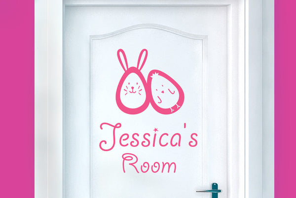 Personalised Bunny Rabbit Egg And Chick Kids Door Room Sticker