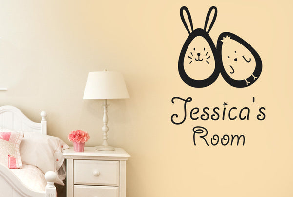 Personalised Bunny Rabbit Egg And Chick Kids Room Sign Wall Sticker