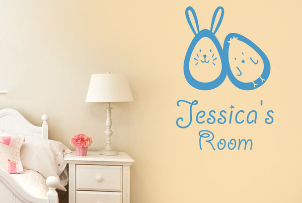 Personalised Bunny Rabbit Egg And Chick Kids Room Sign Wall Sticker