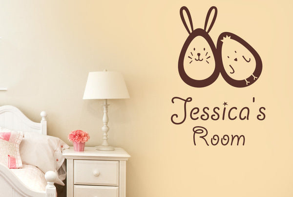 Personalised Bunny Rabbit Egg And Chick Kids Room Sign Wall Sticker