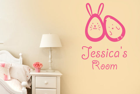 Personalised Bunny Rabbit Egg And Chick Kids Room Sign Wall Sticker