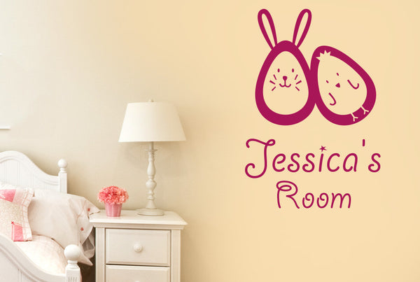 Personalised Bunny Rabbit Egg And Chick Kids Room Sign Wall Sticker