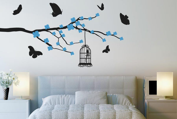 Butterflies And Bird Cage Trees Wall Sticker Cherry Blossom
