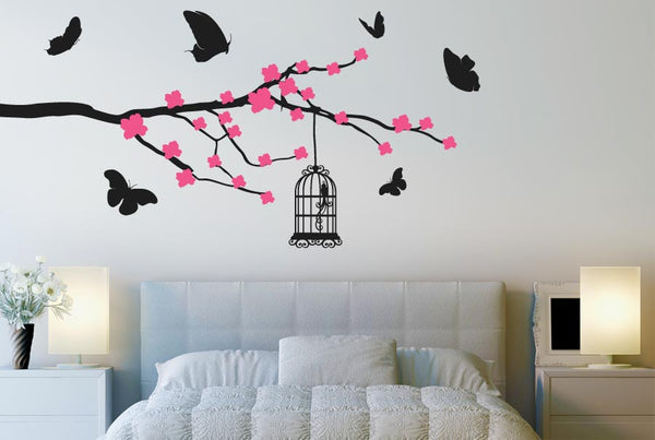 Butterflies And Bird Cage Trees Wall Sticker Cherry Blossom