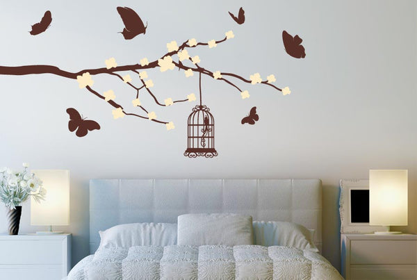 Butterflies And Bird Cage Trees Wall Sticker Cherry Blossom