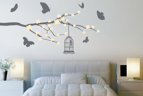 Butterflies And Bird Cage Trees Wall Sticker Cherry Blossom