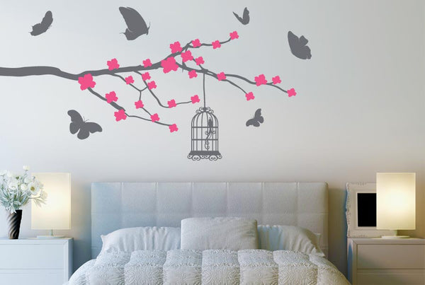 Butterflies And Bird Cage Trees Wall Sticker Cherry Blossom