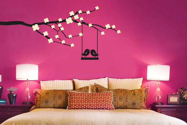 Cute Birds On Swing Trees Wall Sticker Cherry Blossom