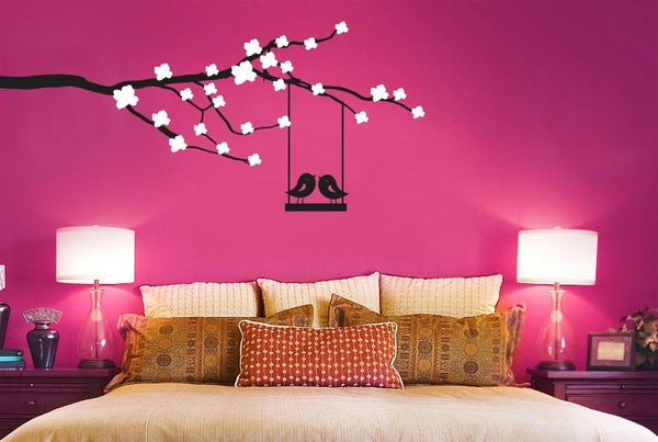 Cute Birds On Swing Trees Wall Sticker Cherry Blossom