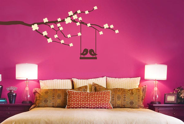 Cute Birds On Swing Trees Wall Sticker Cherry Blossom