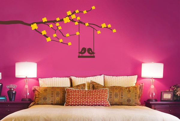 Cute Birds On Swing Trees Wall Sticker Cherry Blossom