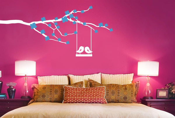 Cute Birds On Swing Trees Wall Sticker Cherry Blossom