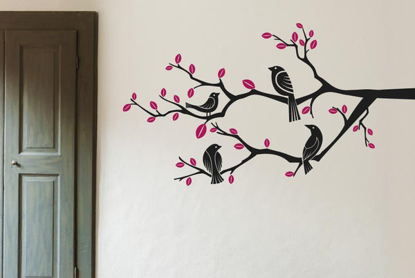 Four Birds On Branch Trees Wall Sticker