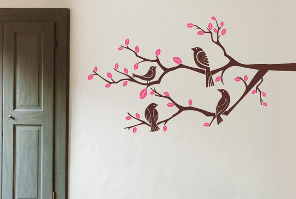 Four Birds On Branch Trees Wall Sticker