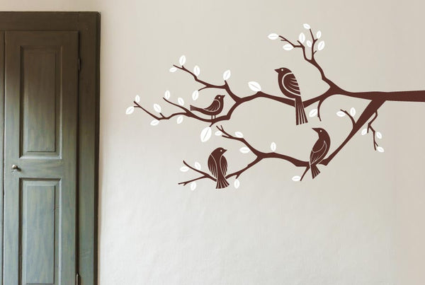 Four Birds On Branch Trees Wall Sticker