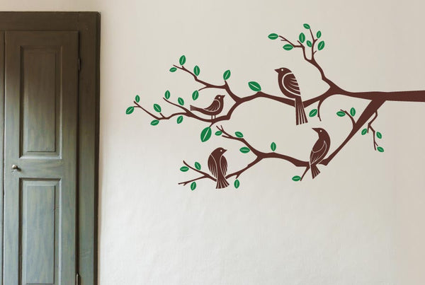 Four Birds On Branch Trees Wall Sticker