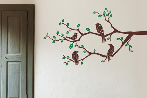 Four Birds On Branch Trees Wall Sticker