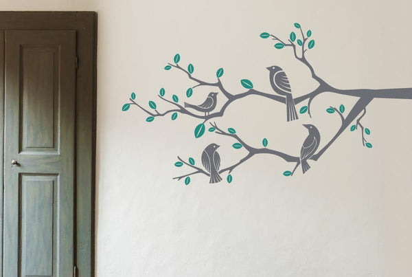Four Birds On Branch Trees Wall Sticker