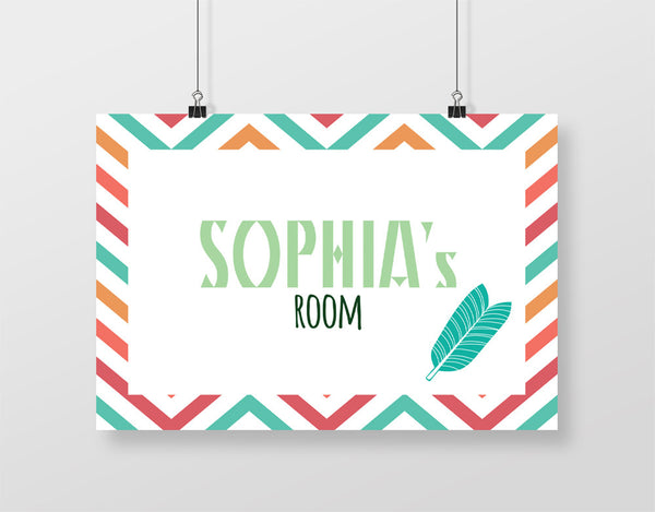 Personalised Bohemian Striped Feather Girls Room Art Print