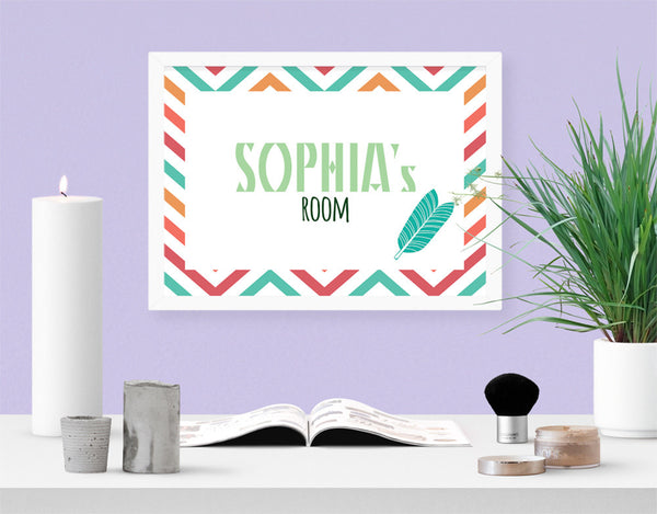 Personalised Bohemian Striped Feather Girls Room Art Print