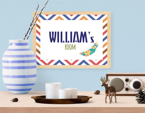 Personalised Bohemian Striped Feather Guys Room Art Print