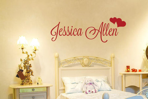 Personalised Name With Two Hearts Wall Sticker
