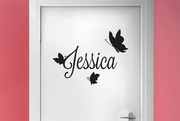 Personalised First Name With Three Butterflies Door Room Sticker