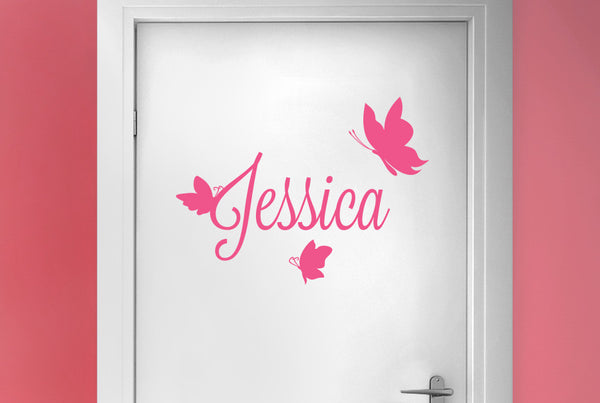 Personalised First Name With Three Butterflies Door Room Sticker