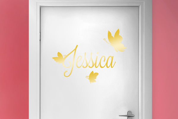 Personalised First Name With Three Butterflies Door Room Sticker
