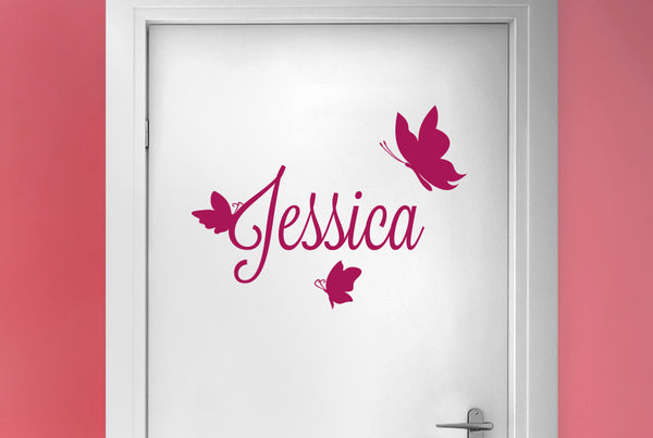 Personalised First Name With Three Butterflies Door Room Sticker