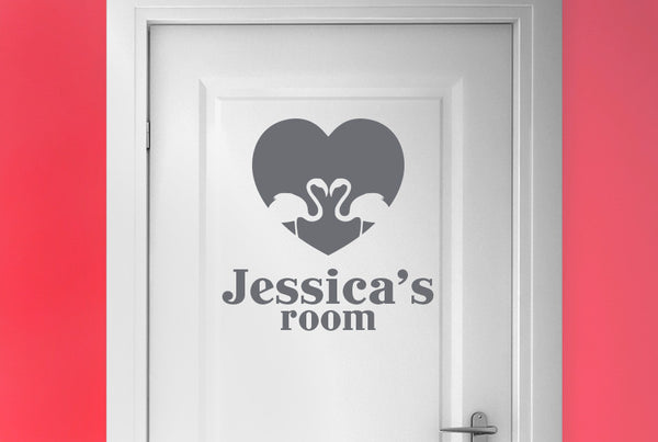 Personalised Flamingo Love Heart Door Room Sticker