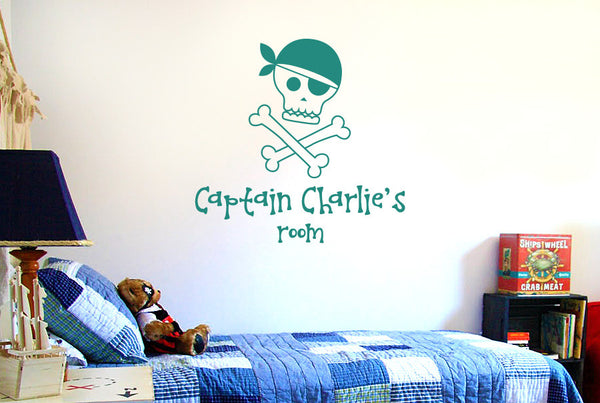 Personalised Pirate Captains Skull And Bones Kids Room Sign Wall Sticker