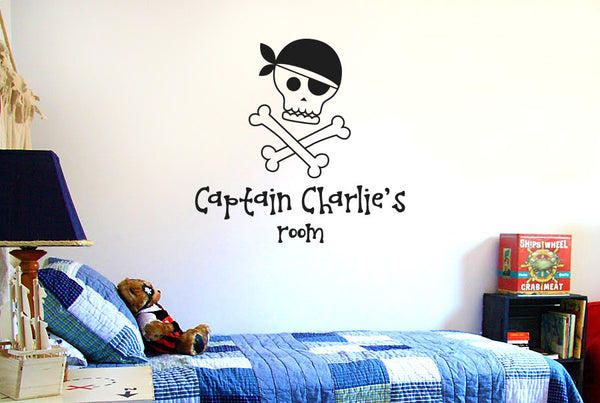 Personalised Pirate Captains Skull And Bones Kids Room Sign Wall Sticker