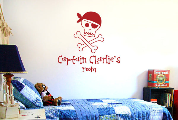Personalised Pirate Captains Skull And Bones Kids Room Sign Wall Sticker