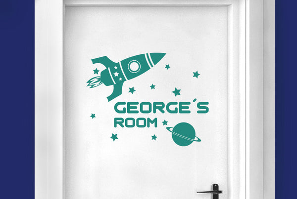 Personalised Rocket Ship In Space Kids Door Room Sticker