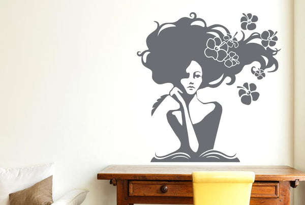 Woman In Deep Thought With Flowers Wall Sticker