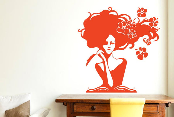 Woman In Deep Thought With Flowers Wall Sticker