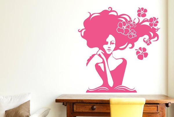 Woman In Deep Thought With Flowers Wall Sticker