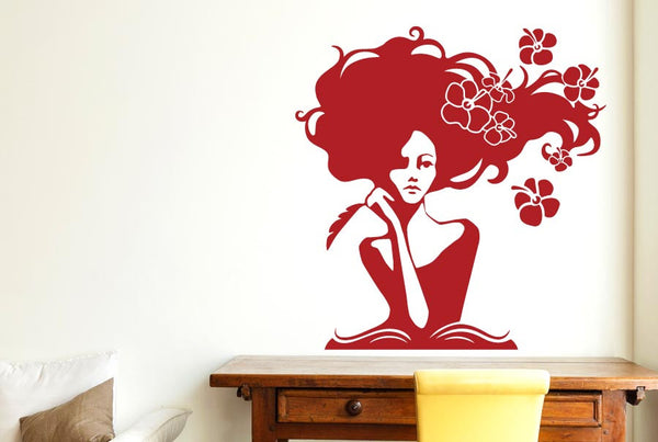 Woman In Deep Thought With Flowers Wall Sticker